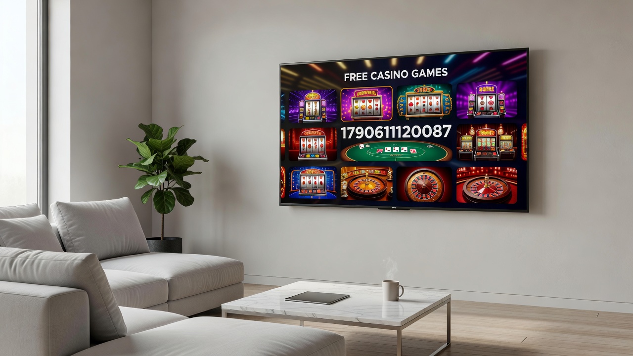 Mobile device displaying free casino game lobby with various themed slots